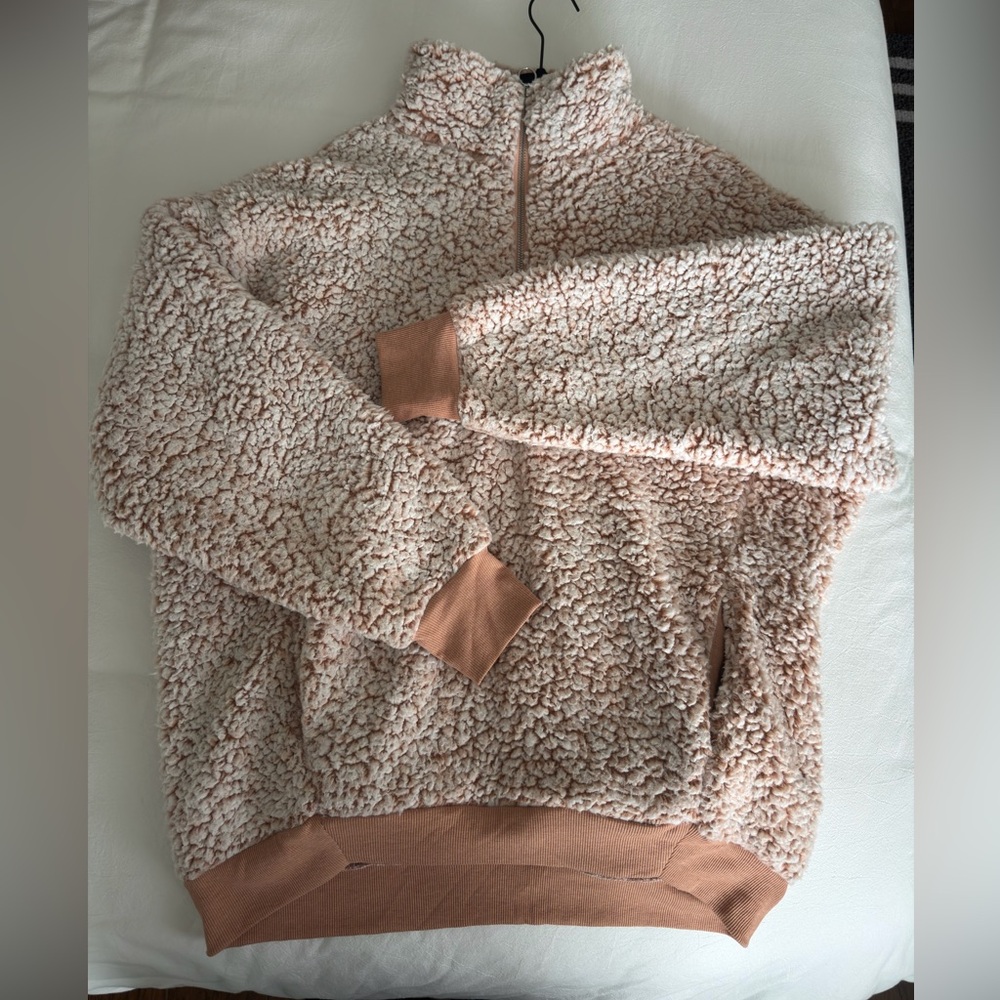 Express Soft Sherpa Zip-Up in Cream and Tan